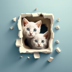 Cute cats/kittens creep in hole middle at a square frame 