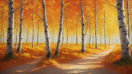 autumn landscape with birch trees, painting, Generative AI illustrations