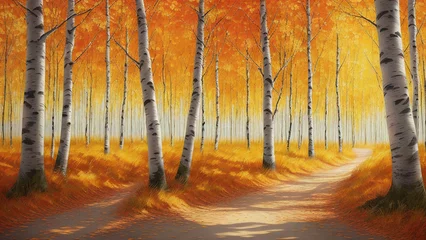 Peel and stick wall murals Honey color autumn landscape with birch trees, painting, Generative AI illustrations