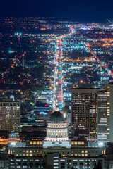 Utah State Capitol night view illuminated with lights at night after sunset, in Salt Lake City, mountain view