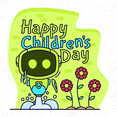 Happy children's day with cute cartoon robot and flower background in flat design. Suitable for postcard, templates and poster backgrounds.