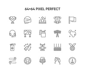 Car racing vector flat line icons. Speed auto championship signs - track, automobile, racer, helmet, checkered flags, steering wheel, start.
