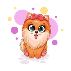 Cute cartoon dog, pomeranian spitz with bow-knot, funny card