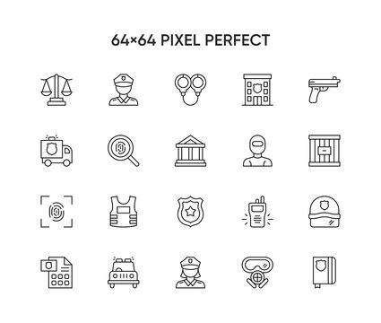 Simple Set of Law Enforcement Related Vector Line Icons. Contains such Icons as Hammer, Justice, Court, Lawyer and more.
