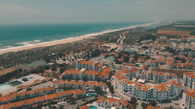An aerial view of coastal town of Castela Velha, Portugal