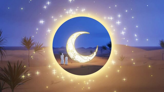 Eid Al Adha Al Mubarak in Haj Season Happy holiday video animation Translated as: "Blessed Sacrifice Feast" with glow cencert moon on desert theme 