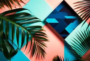 palm leaves lay across a colorful geometric background