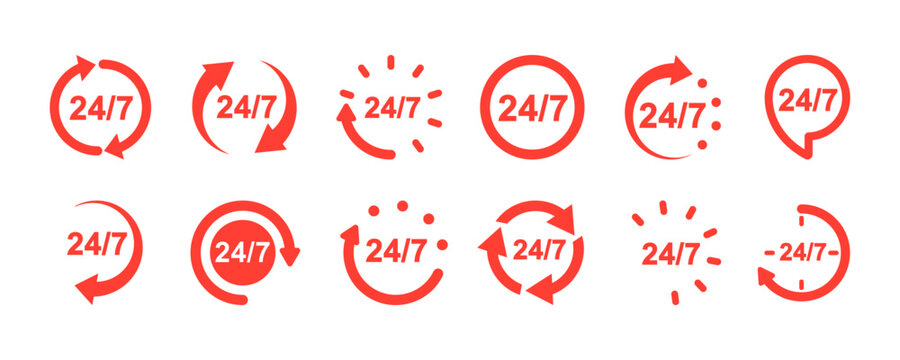 Set of red 24/7 vector icons. Always open. 24h on day service or delivery. Online support.