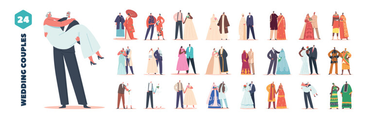 Set of Wedding Couples From Different Cultures, Dressed In Traditional Attire, Exchanging Vows And Celebrating Union