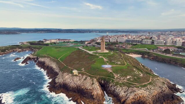 Aerial View Shot of Tower of Hercules (Torre de Hercules) lighthouse located in the city of La Coruna. Galicia, Spain