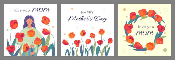 Mother's Day greeting cards with tulips. I love you Mom card. Set of background with vector tulips. Vector elements of a red flower.