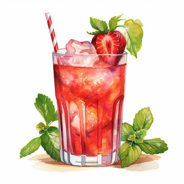 Illustration in watercolor technique of strawberry mojito cocktail glass with mint and ice cubes. Bright illustration for print on textile, clothes, cards, posters, t shirts, design applications.
