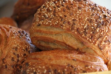 close up of fresh tasty danish grain buns