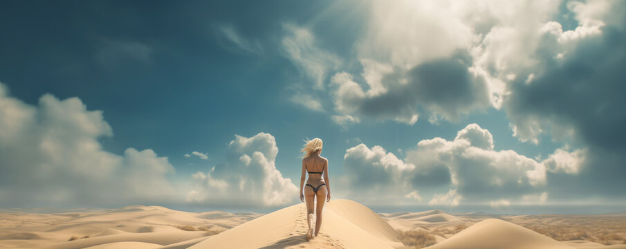 Woman alone in a desert landscape. Panoramic image capturing her determination and strength towards the sky. Ideal for communicating values and a strong mood. Generative AI