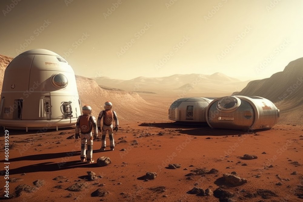 Poster astronauts wearing space suits walking on red planet, standing near base for colonization. martian c