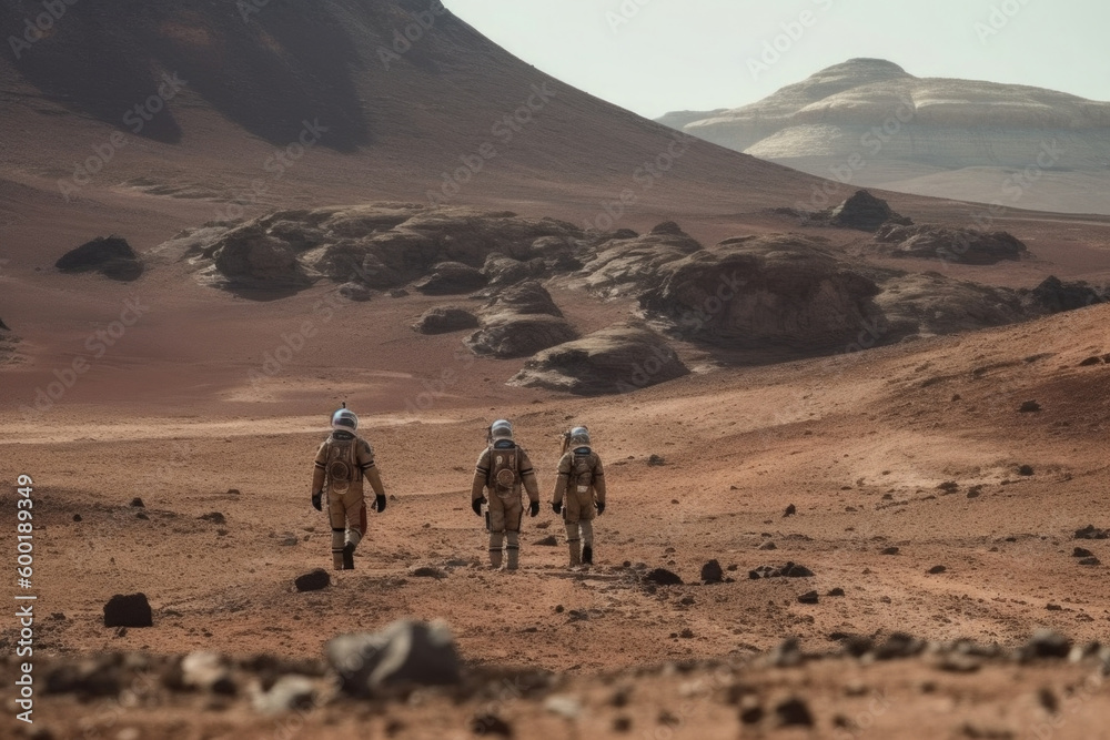 Wall mural astronauts wearing space suits walking on red planet. martian colony. mars colonization. created wit