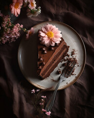 Chocolate frosting cake placed on a plate with various flowers decorated. Generative Ai - 600189308