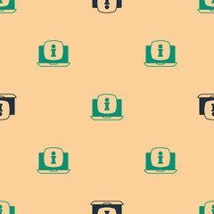 Green and black Laptop with information icon isolated seamless pattern on beige background. Vector