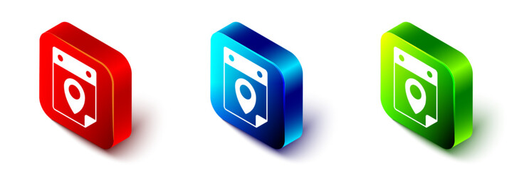 Isometric Travel planning calendar icon isolated on white background. A planned holiday trip. Red, blue and green square button. Vector