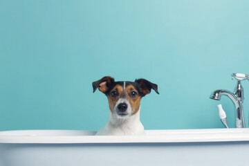 Cute dog showering with shampoo. Washing pet. Puppy dog looking out from bath on blue background. Created with Generative AI