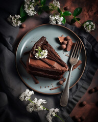Chocolate frosting cake placed on a plate with various flowers decorated. Generative Ai