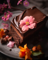 Chocolate frosting cake placed on a plate with various flowers decorated. Generative Ai