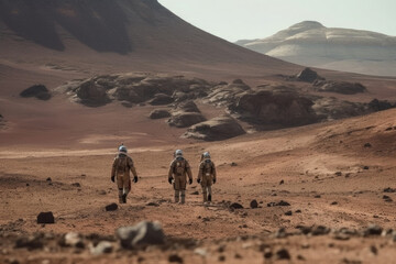 Astronauts wearing space suits walking on red planet. Martian colony. Mars colonization. Created with Generative AI