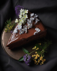 Obraz na płótnie Canvas Chocolate frosting cake placed on a plate with various flowers decorated. Generative Ai