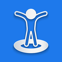 Paper cut Map marker with a silhouette of a person icon isolated on blue background. GPS location symbol. Paper art style. Vector