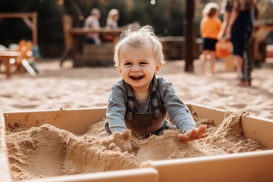 A happy small child playing in a sandbox created with generative AI technology.