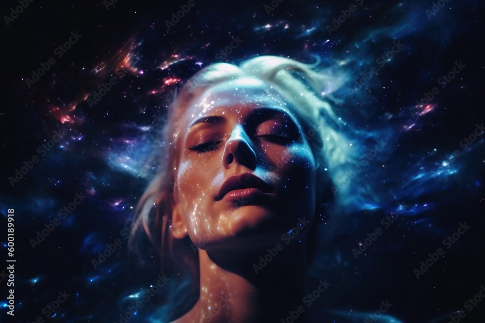 Wall mural ethereal and mesmerizing woman portrait in a galaxy environment created with generative ai technolog