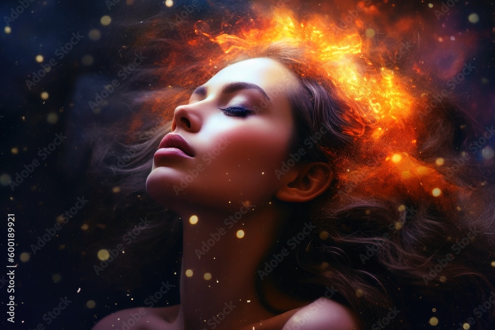 Wall mural ethereal and mesmerizing woman portrait in a galaxy environment created with generative ai technolog