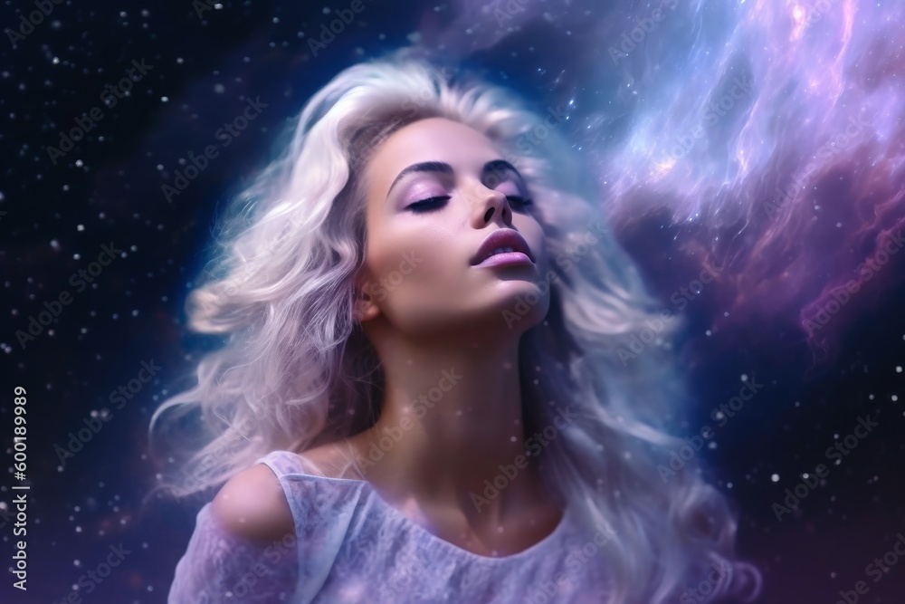 Wall mural ethereal and mesmerizing woman portrait in a galaxy environment created with generative ai technolog