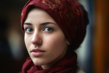 Close up view of a young woman with a headscarf created with generative AI technology. - obrazy, fototapety, plakaty