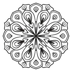 Black outline flower mandala. Doodle round decorative element for coloring book isolated on white background. Floral geometric circle.