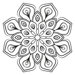 Black outline flower mandala. Doodle round decorative element for coloring book isolated on white background. Floral geometric circle.