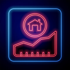 Glowing neon Rising cost of housing icon isolated on black background. Rising price of real estate. Residential graph increases. Vector