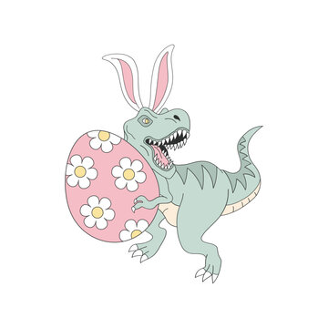 Happy Easter dinosaur with decorative floral egg and bunny ears. Cartoon vector illustration isolated on white.