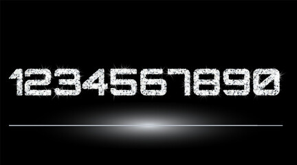 Realistic shining silver glitter numbers 1, 2, 3, 4, 5, 6, 7, 8, 9, 0. Set of isolated vector objects one, two, three, four, five, six, seven, eight, nine, zero for decoration, celebration design.