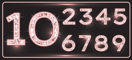 Realistic shining rose gold glitter numbers 1, 2, 3, 4, 5, 6, 7, 8, 9, 0. Set of isolated vector objects one, two, three, four, five, six, seven, eight, nine, zero for decoration, celebration design.
