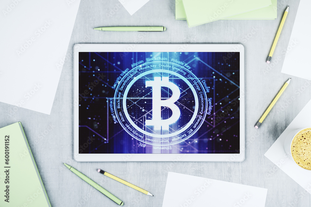 Poster creative bitcoin concept on modern digital tablet screen. top view. 3d rendering