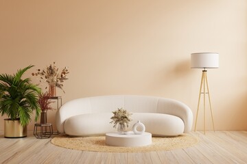 Fototapeta na wymiar Interior wall mockup with sofa and decor on cream color wall.3d rendering