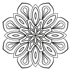 Black outline flower mandala. Doodle round decorative element for coloring book isolated on white background. Floral geometric circle.