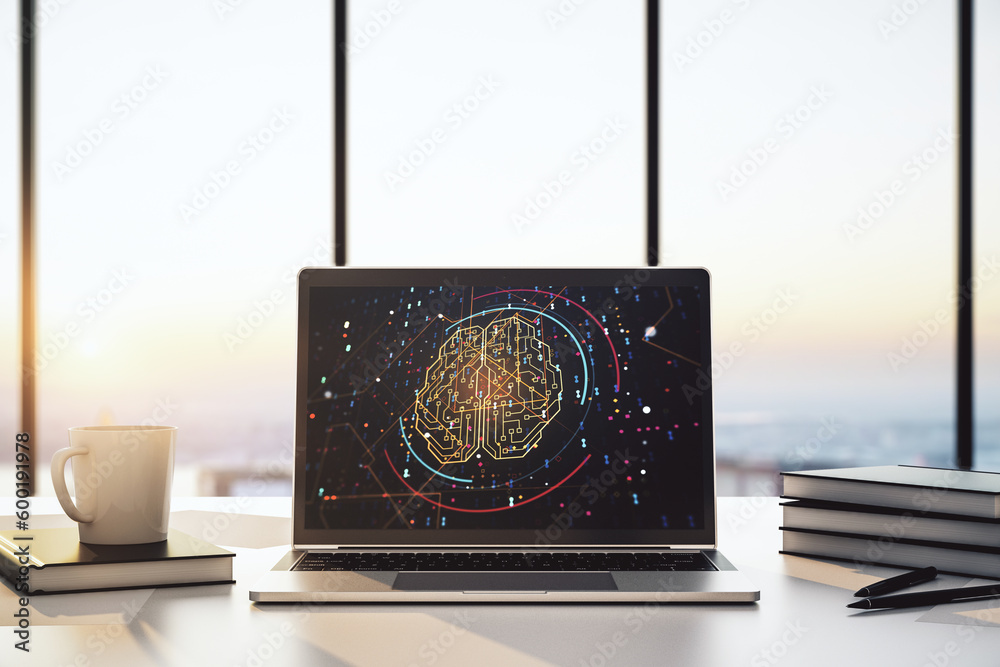 Aufkleber creative artificial intelligence concept with human brain sketch on modern laptop monitor. 3d render