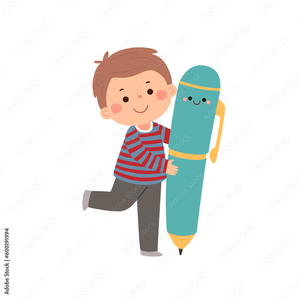 Wall mural Vector cartoon little student boy with big pen. Back to school concept