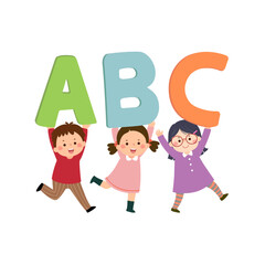 Vector cartoon kids carrying alphabet letters ABC. Back to school concept