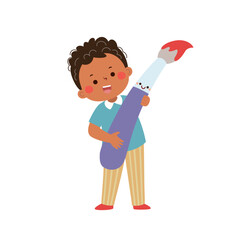 Vector cartoon little student boy holding big paintbrush. Back to school concept