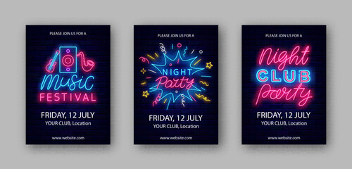 Music show neon flyers collection. Night club party. Disco dance. Vertical posters set. Vector stock illustration