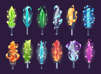 Flame weapons. Fairytale knives and swords exact vector burning weapons in colored flames