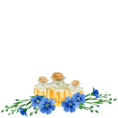 Frame from blue flax flowers and linseed oil. Watercolor hand drawn illustration isolated on white background. Healthy food, diet and cosmetic products. Template for design.